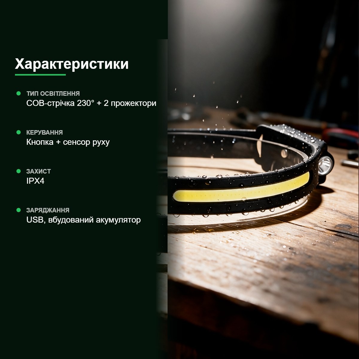 Налобний ліхтар з сенсором руху LED Induction IPX4 — фото 4